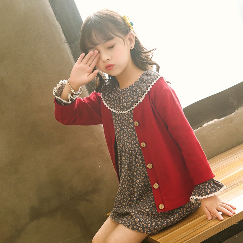 Cotton print dress with large lotus leaf collar and sweater set for baby girl - 2