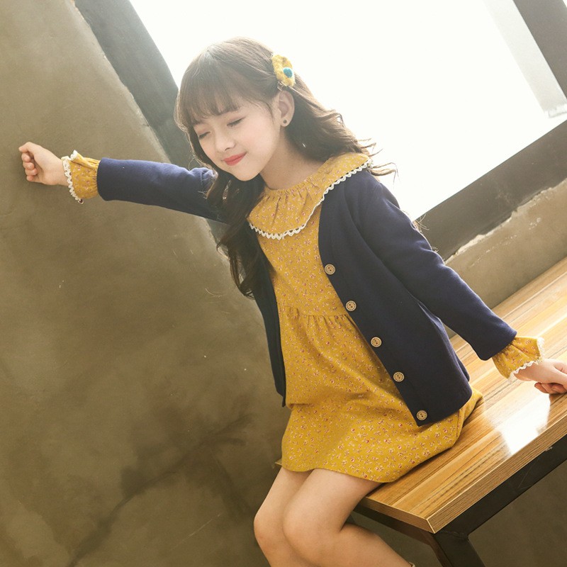 Cotton print dress with large lotus leaf collar and sweater set for baby girl - 3