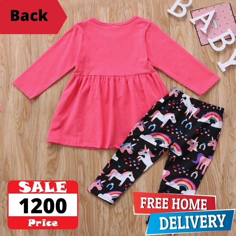 Unicorn printed baby girl outfit with ruffle ball - 2