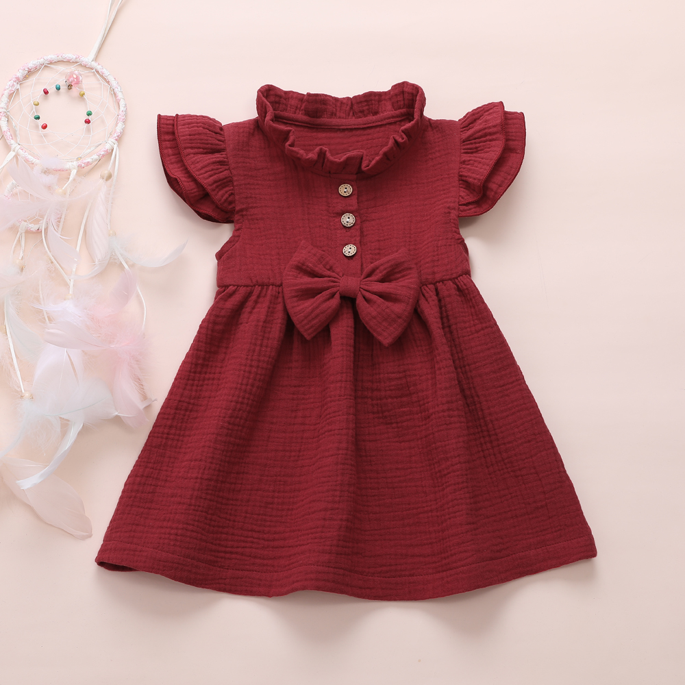 Ruffle bowknot cotton dress with button