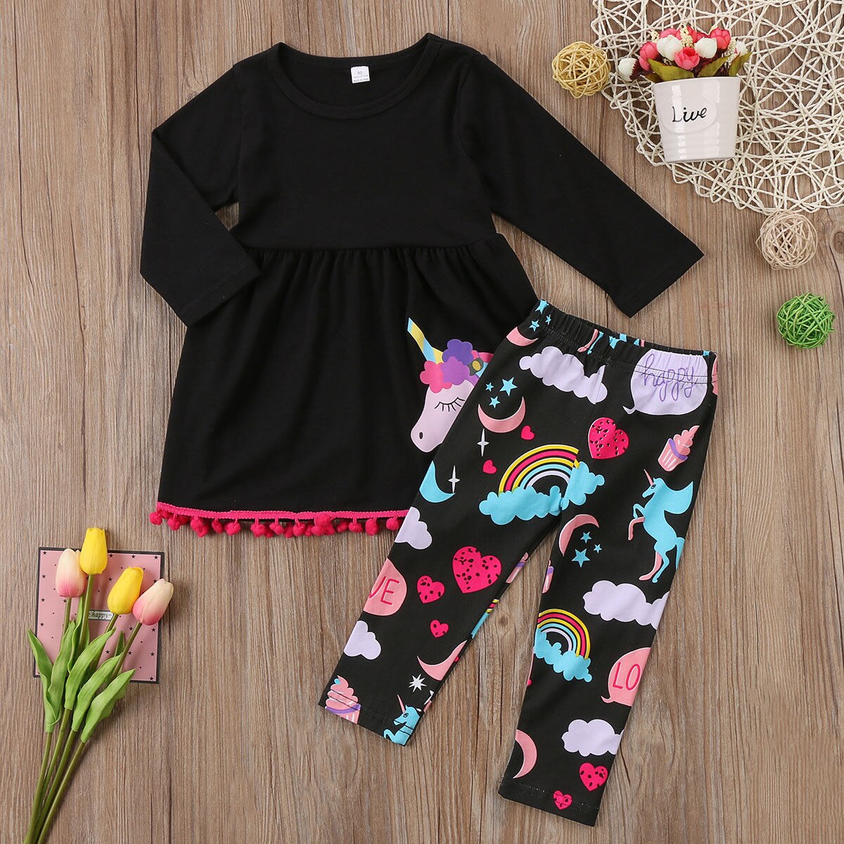 Unicorn printed T-shirt dress + long pants baby girls outfits 2pcs set