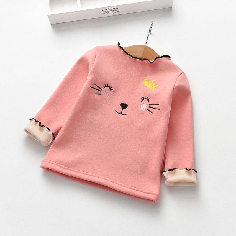 Cat embroidery t-shirt with fleece lining