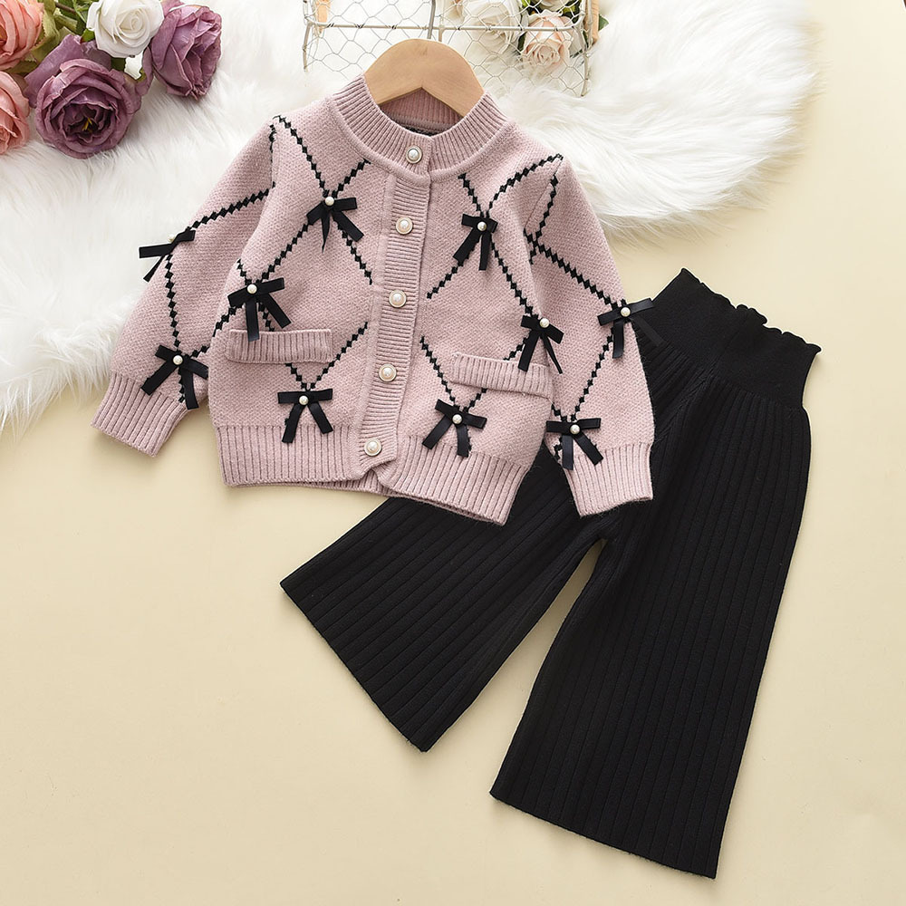 Bowknot Sweater Cardigan And Wool Knitted Wide-leg Pants Two-piece Outerwear