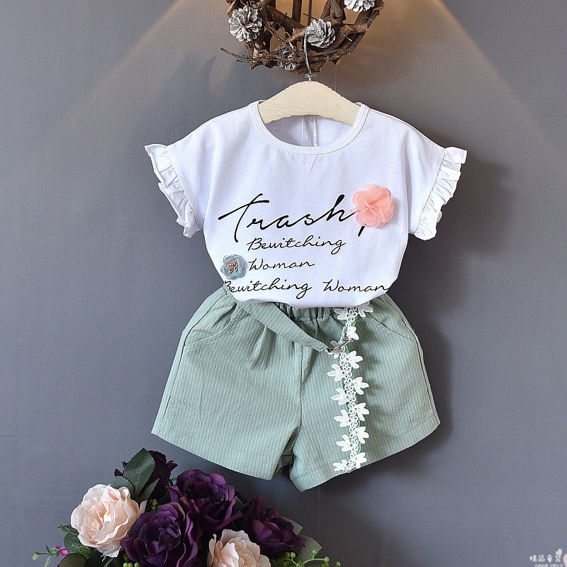 Short-sleeved flower letter T-shirt + shorts two-piece casual set