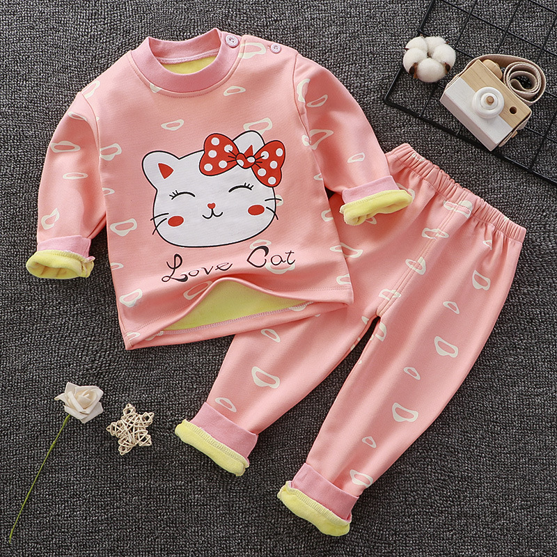 Love Cat Printed Pajama Set with Fleece