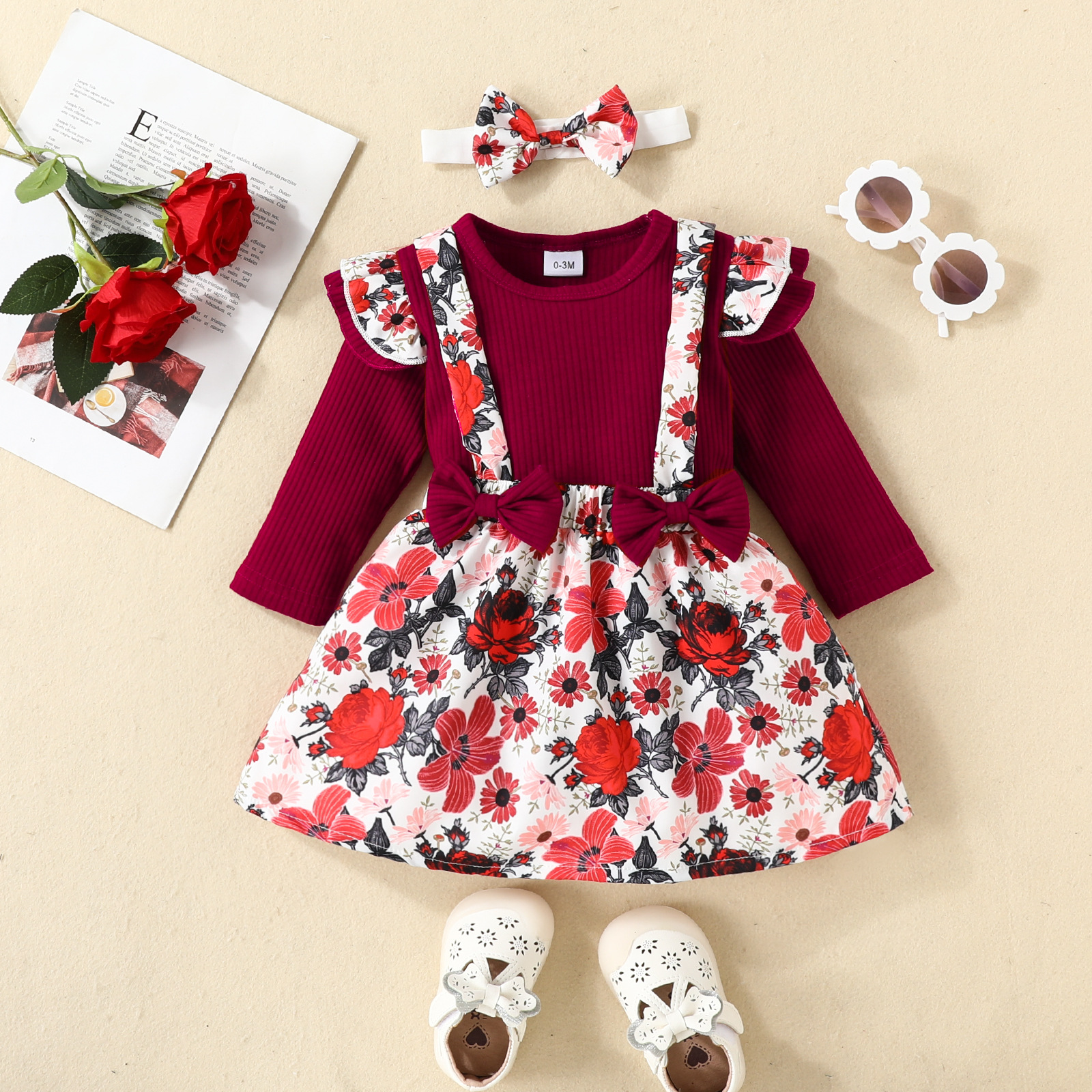 Flower Printed Skirt and Maroon Romper Set with Headband