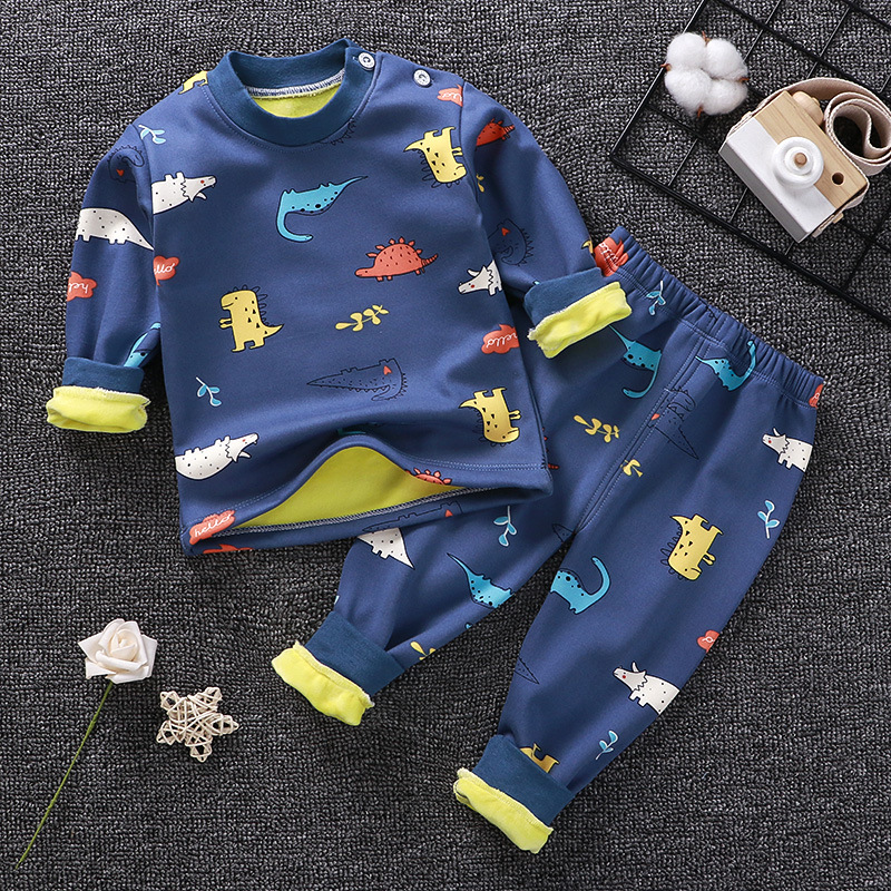 Fleece Lined Pajama Set With Dinosaur Print