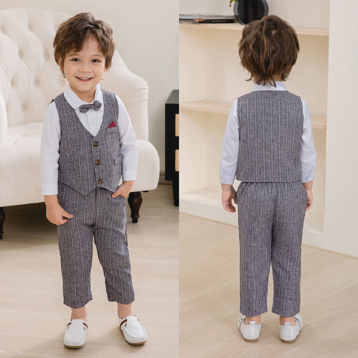 Three Piece British Gentleman Party Suit Set With Bow Tie For Small Boys Suitable for Spring, Autumn and Winter