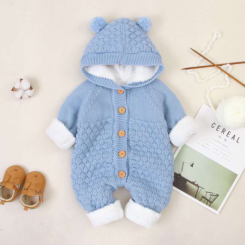 Warm Knitted And Hooded Jumpsuit Or Romper For Babies Suitable For Winter