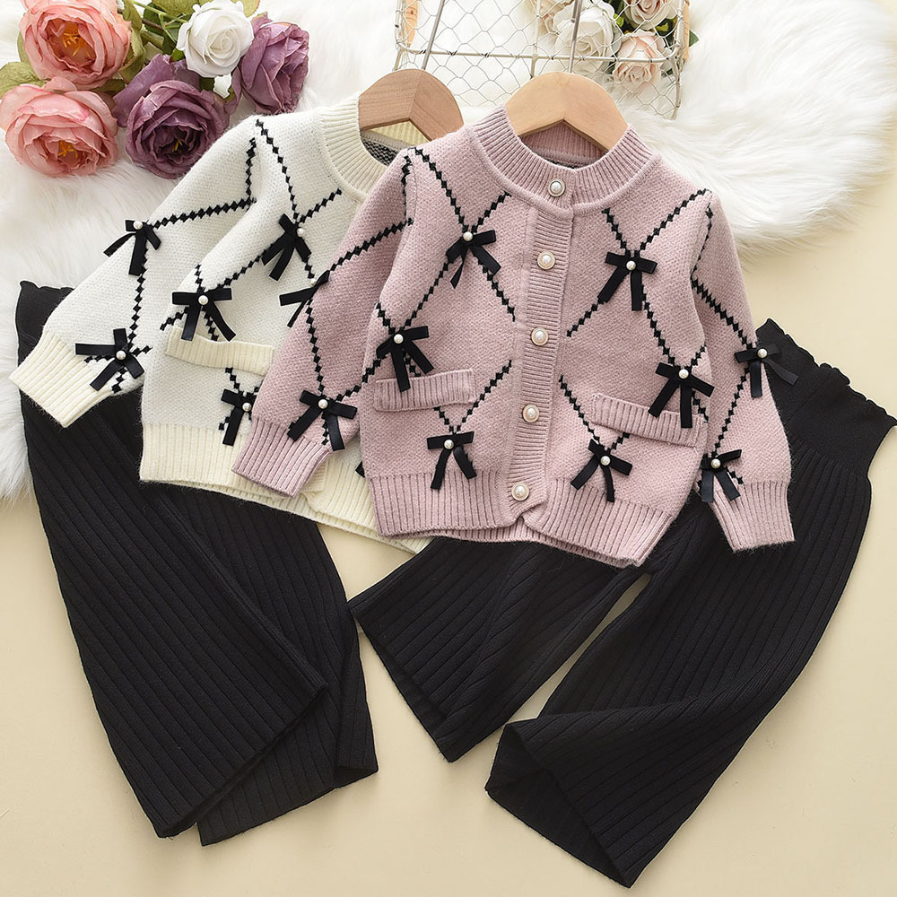 Woolen Knitted Sweater Cardigan And Wide-leg Pants Two Piece Little Girl Set for Winter With Bow