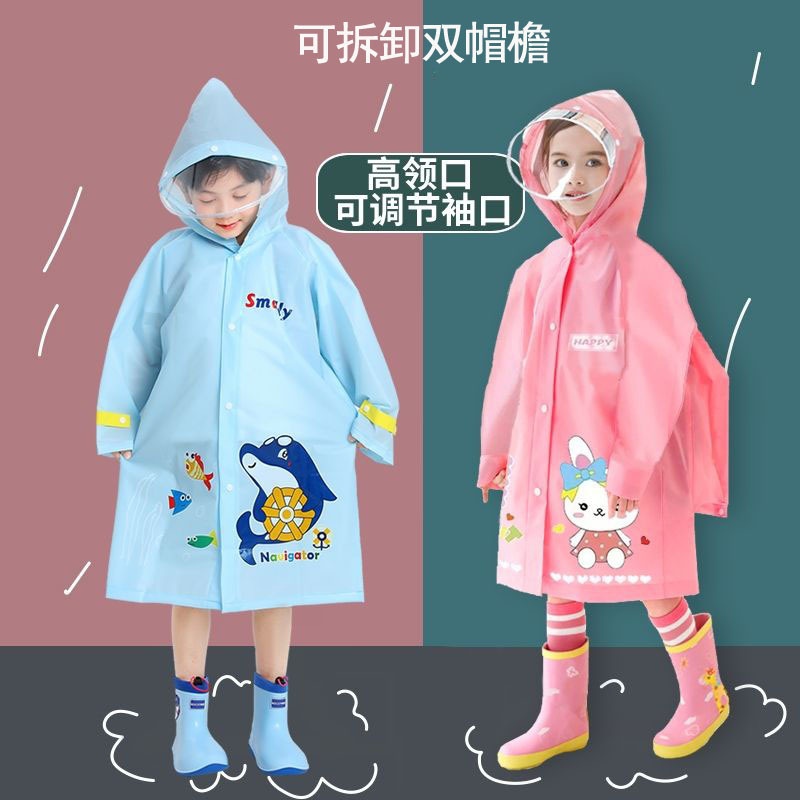 Cartoon Printed Kids Raincoat With Visor Cap And School Bag Space