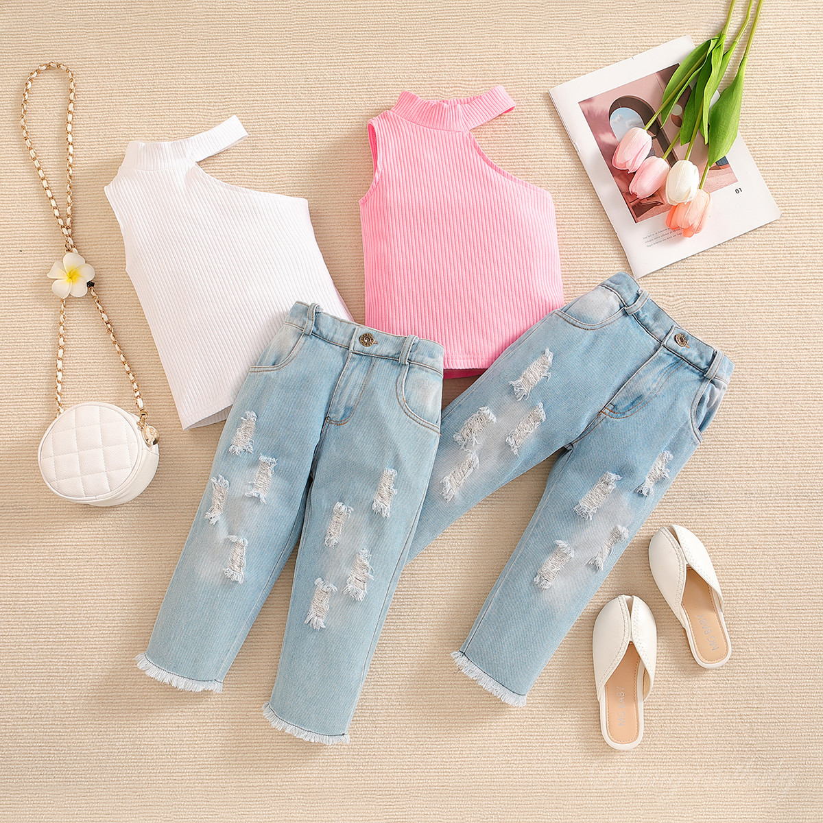 Girls Off Shoulder Top And Ripped Jeans Set For Summer