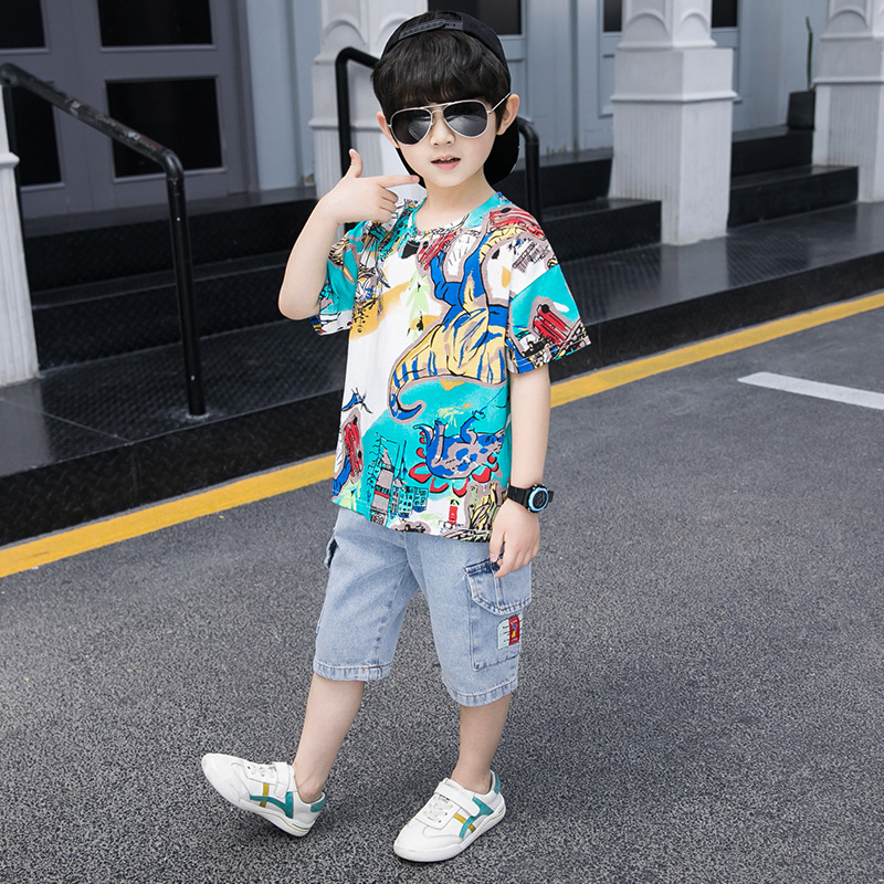 Summer Colorful Dinosaur Printed T-Shirt And Soft Jeans Half Pants For Boys