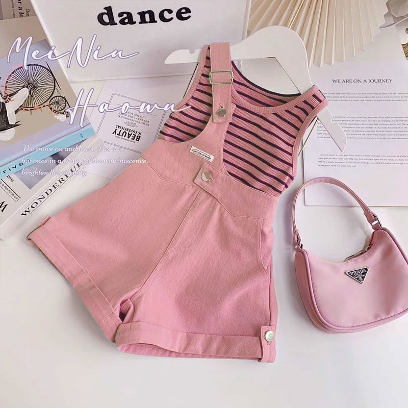 Summer Korean Style Girls Casual Striped Overalls Two Piece Set