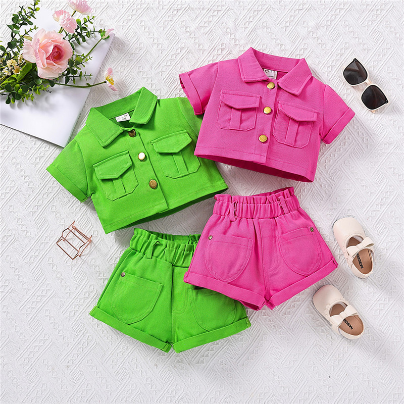 Summer Trendy Denim Style Crop Shirt And Shorts Set For Girls
