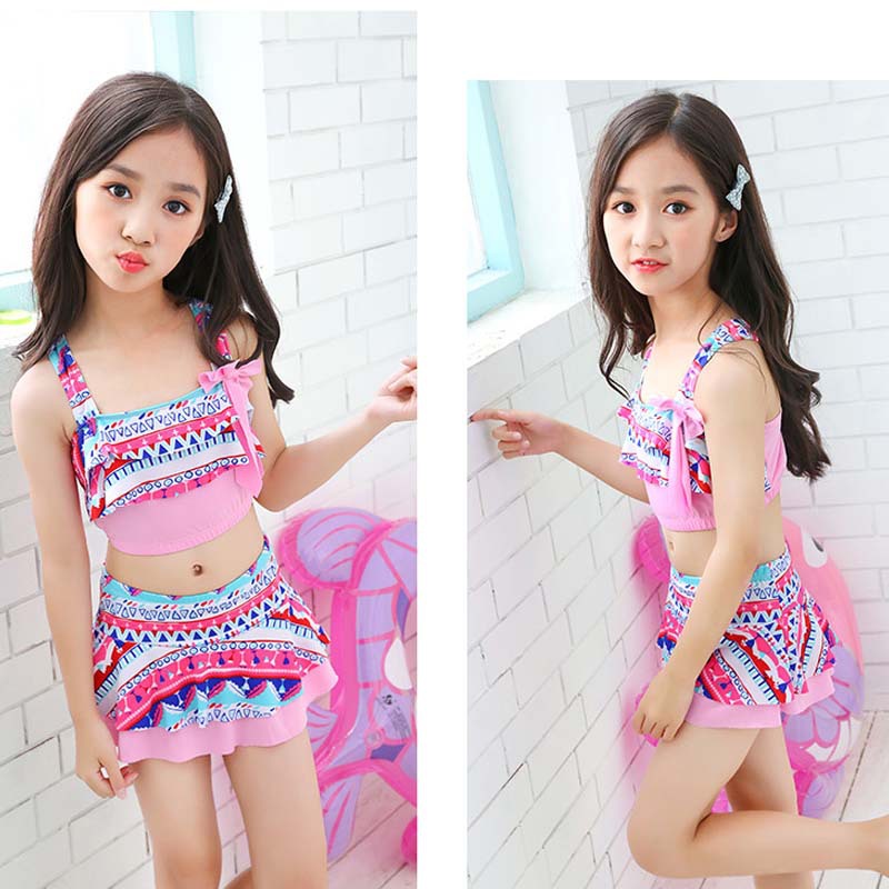 Trendy Skirt Style Girls Two Piece Swimsuit With Matching Swim Cap