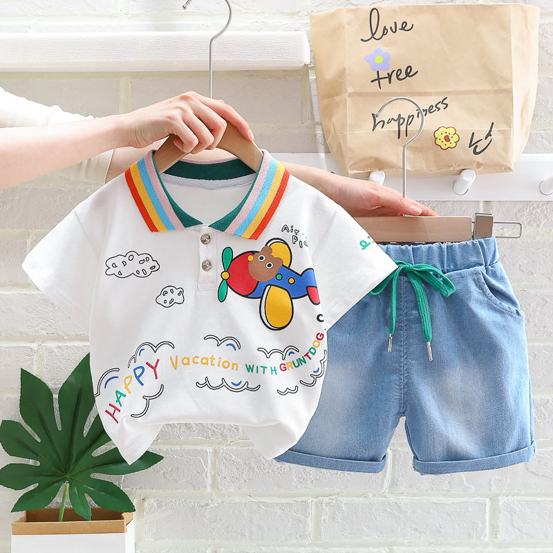 Boys Rainbow Collar Polo T-Shirt And Shorts Set For Summer