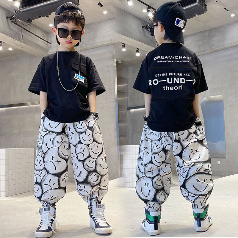 Korean Style Summer Casual T-Shirt And Smiley Printed Joggers Set For Boys