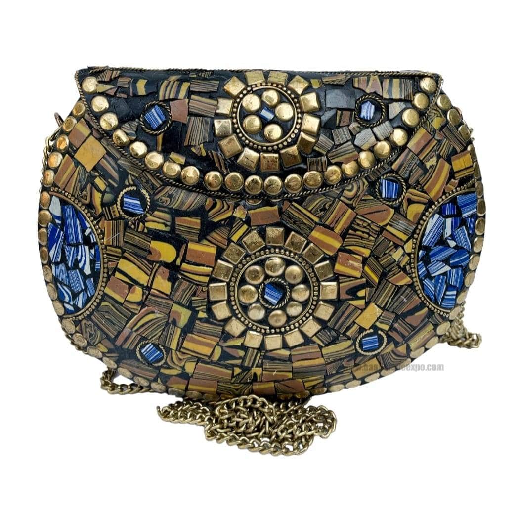Nepali Handmade Ladies Clutch Bag With Stone Setting Blue and Golden