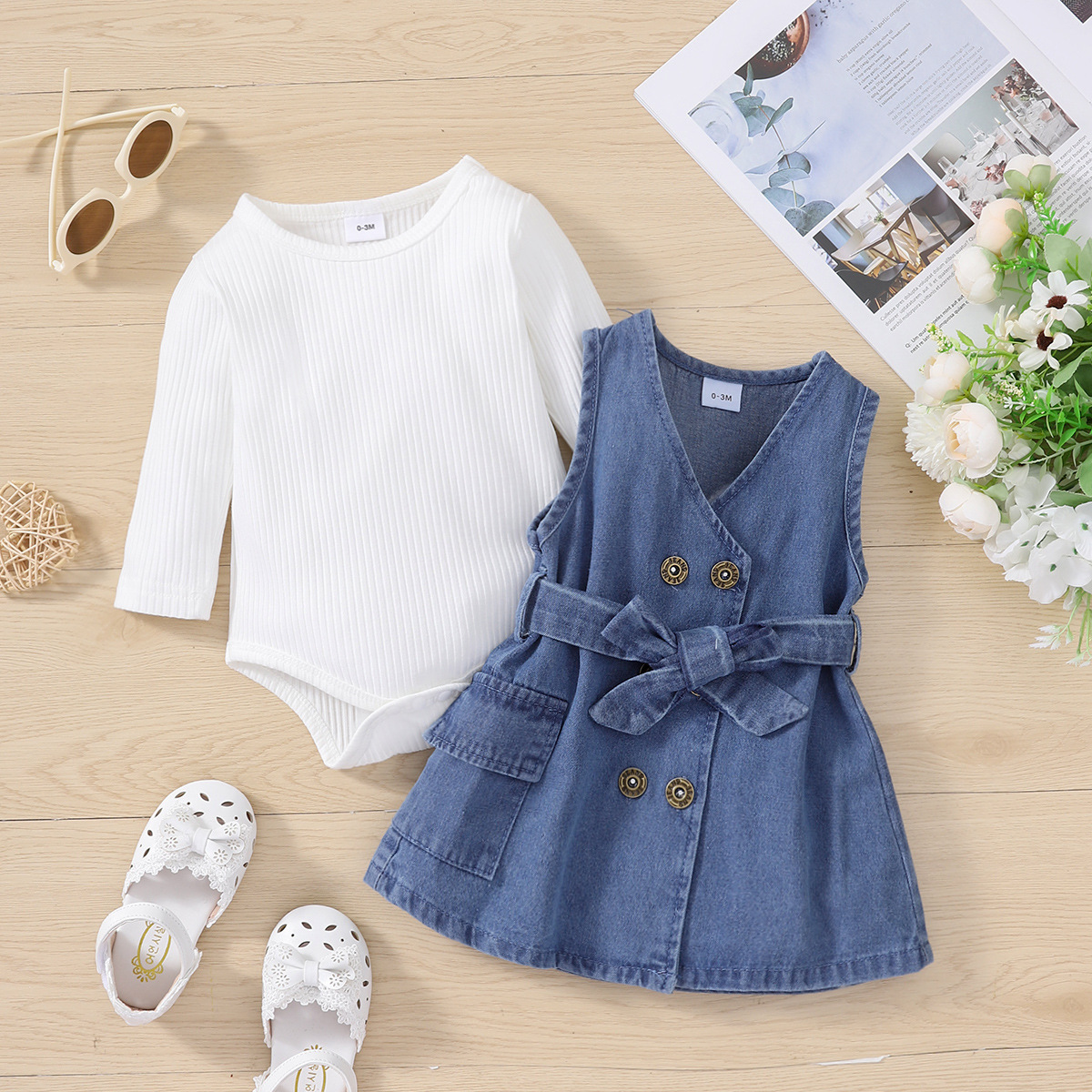 Baby Girl Soft Jeans Stylish Skirt And Romper Set