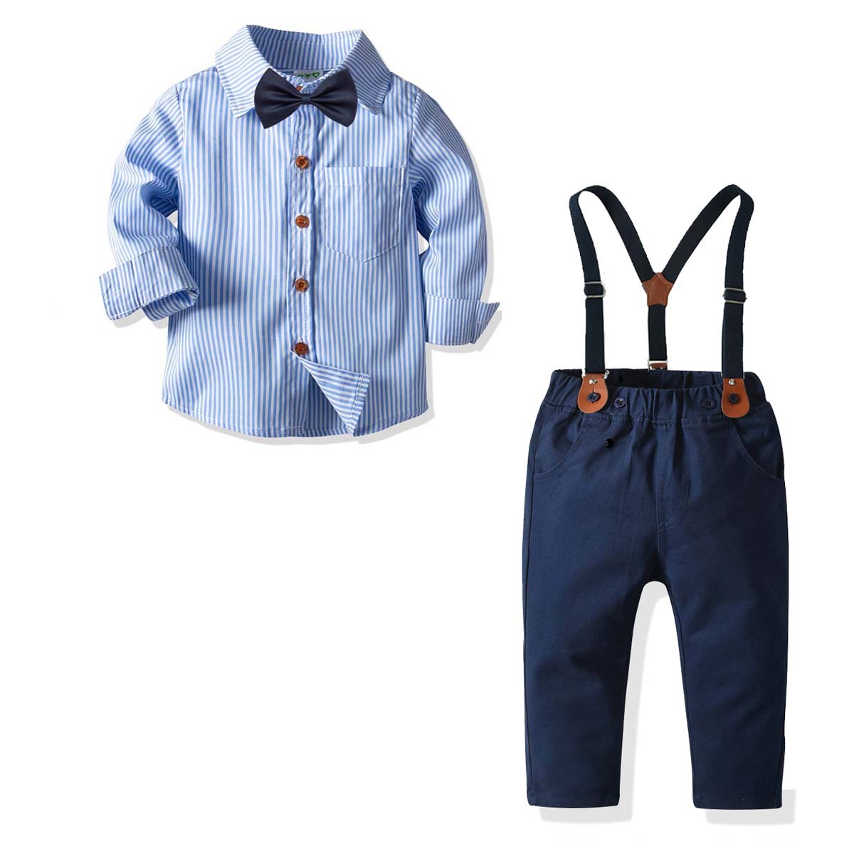 Boys Striped Long-Sleeved Shirt, Pants With Bow Tie And Suspender Party Set