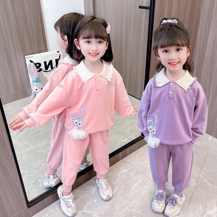 Cute Bunny Printed Full Sleeve Polo T-Shirt And Trouser Set For Girls