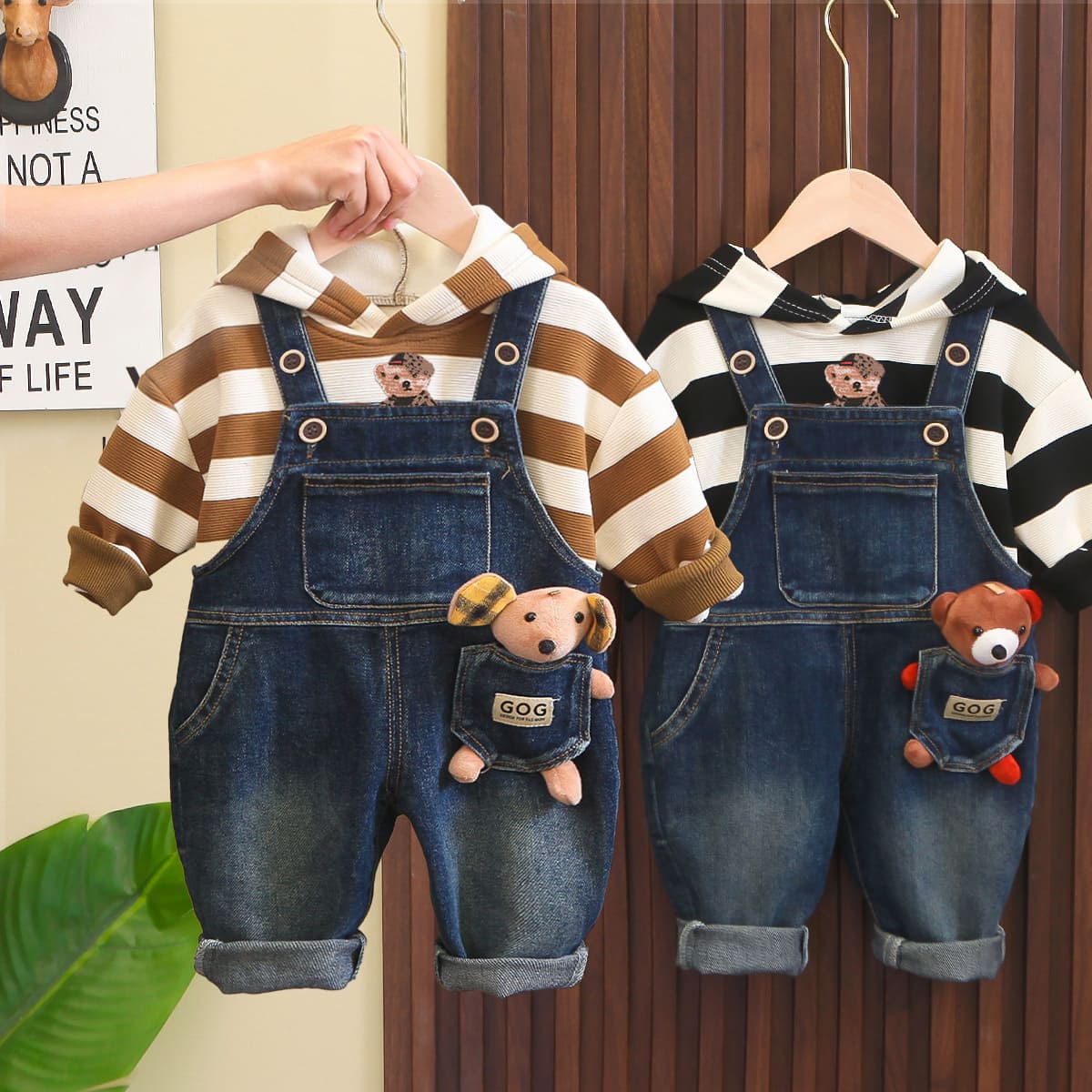 Full Sleeve Striped Hoodie And Jeans Rocky Pants With Teddy Bear For Boys 