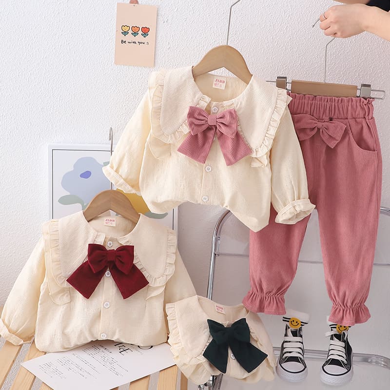 Girls Cute Full Sleeve Shirt With Bow And Cotrise Trouser Set