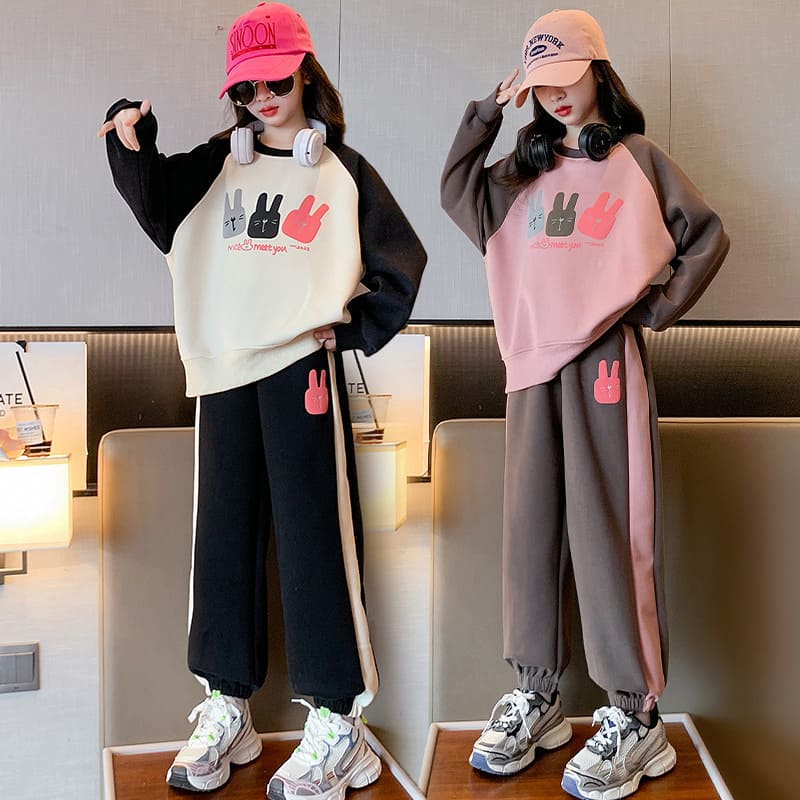 Girls Spring/Autumn Bunny Printed Sweatshirt And Trousers Set