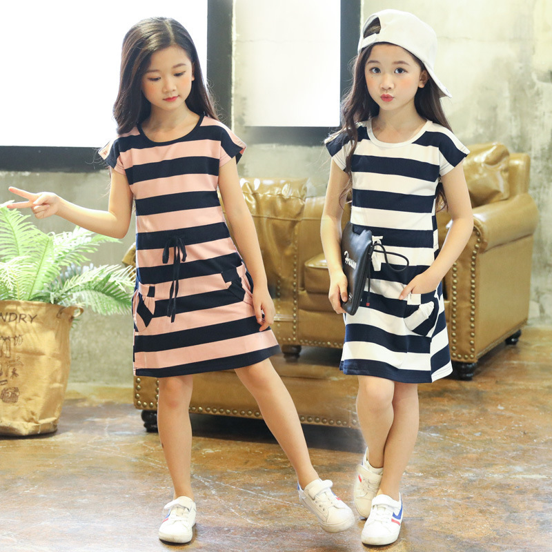 Girls Summer Striped Casual One Piece Skirt 