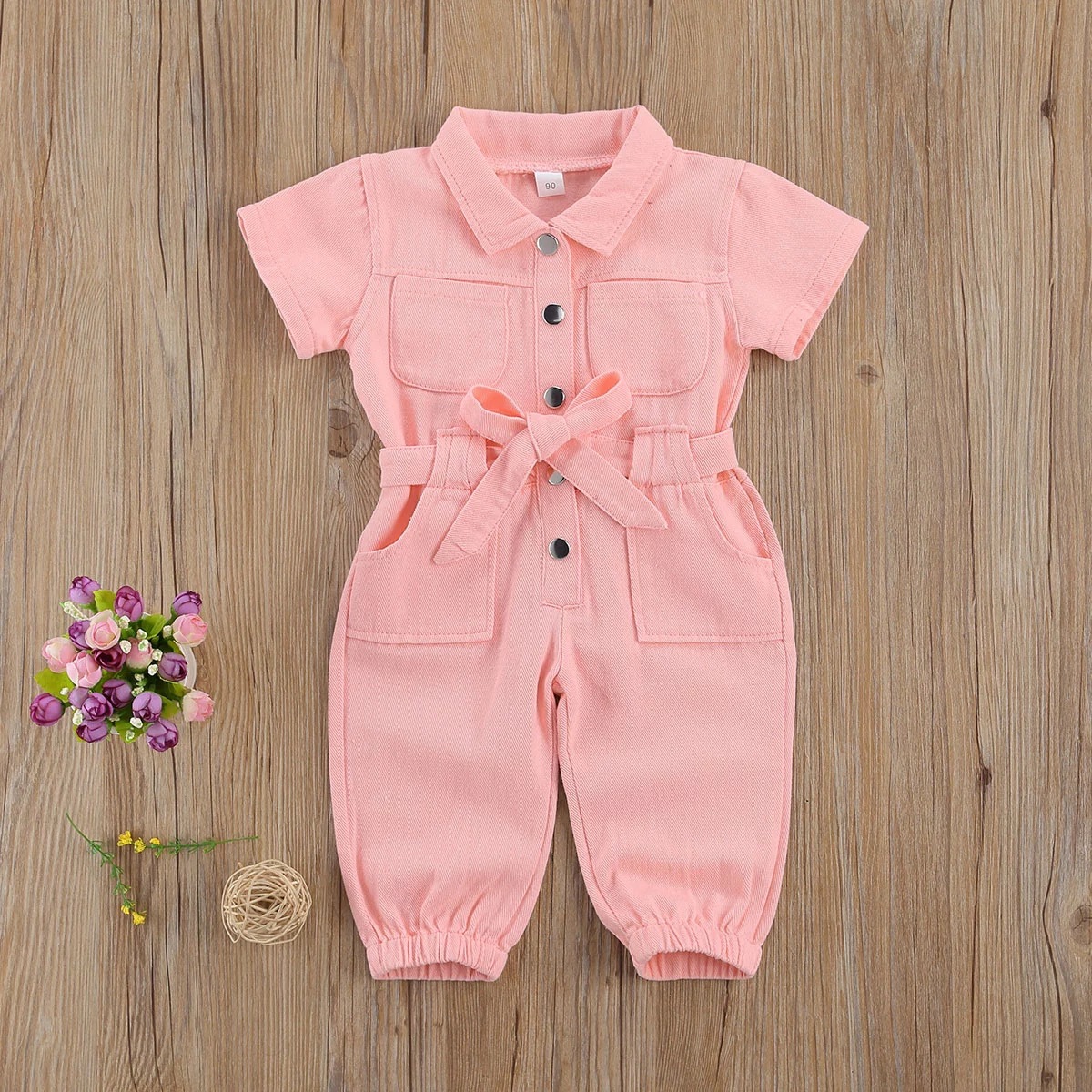 Half Sleeve Baby Girl Pink Jumpsuit For Summer