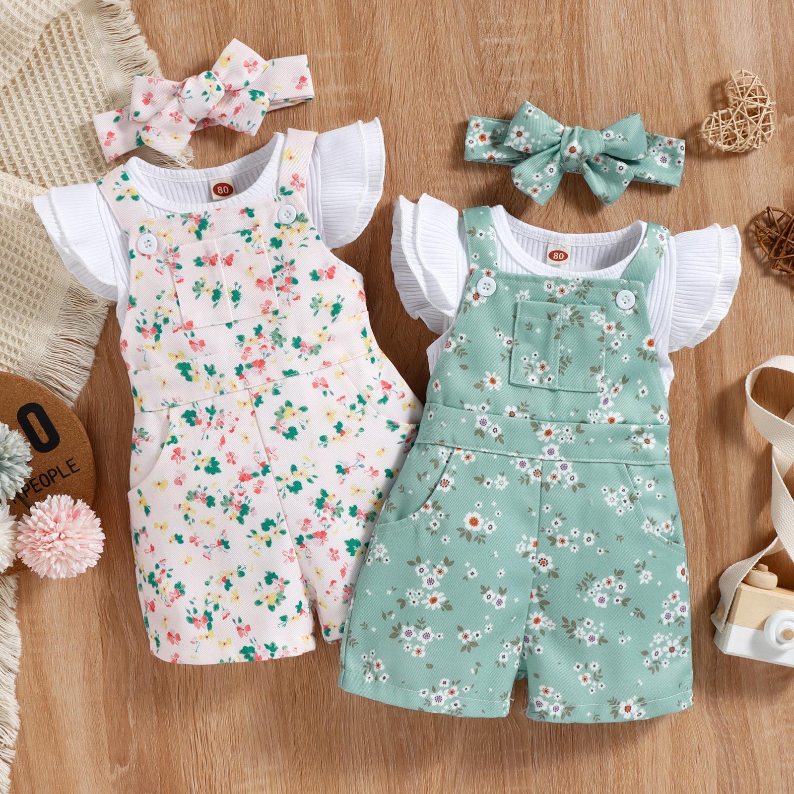  Summer Sleeveless T-Shirt, Floral Suspender Shorts And Headband For Girls