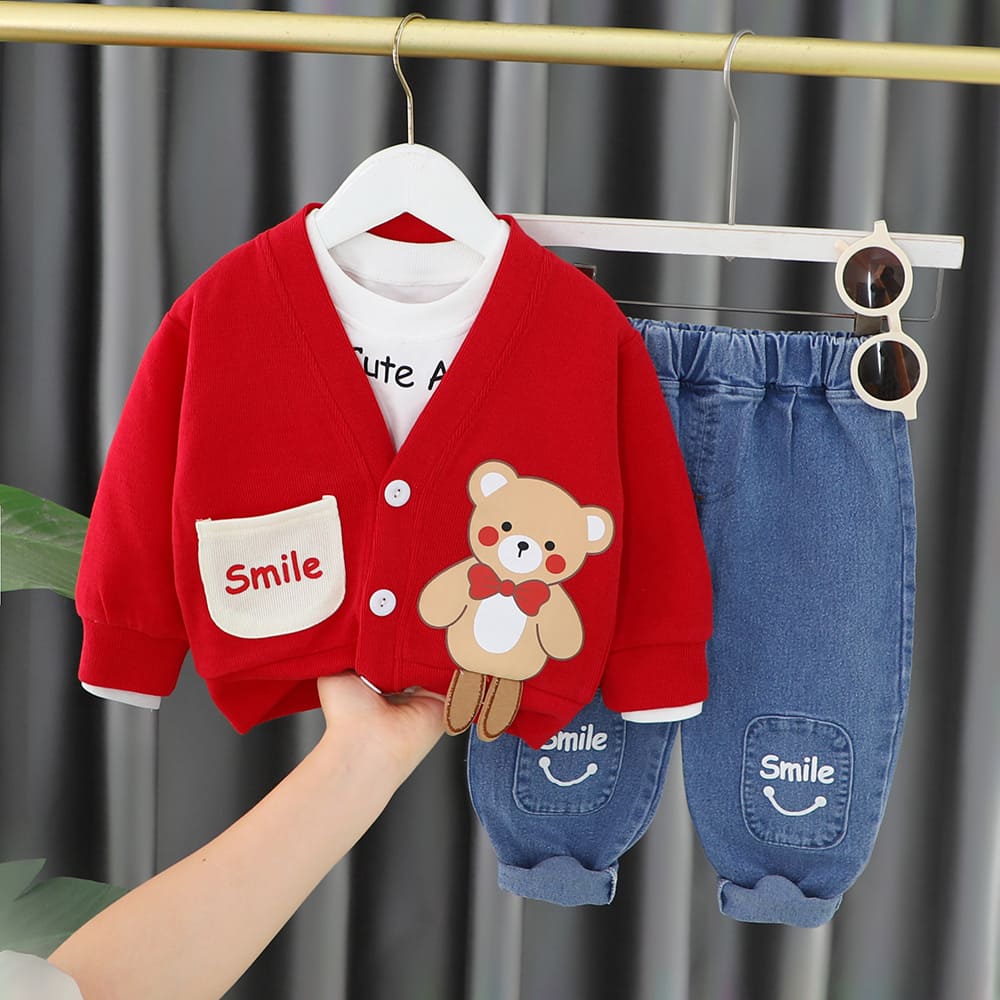 Unisex Baby Cartoon Printed Cute Sweater, Full T-Shirt And Soft Jeans Pants Three Piece Set