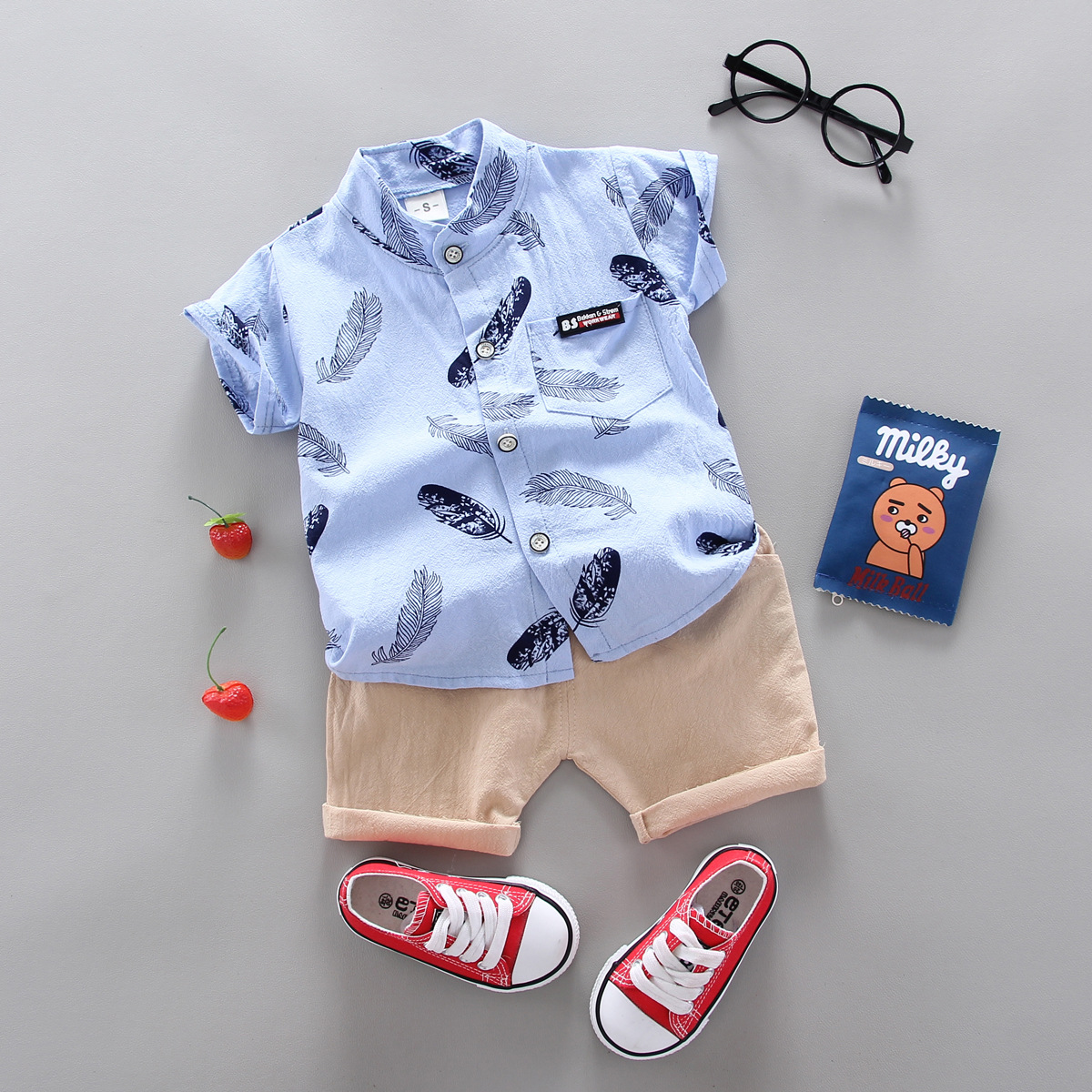 Feather Printed Summer Shirt And Shorts Set For Boys