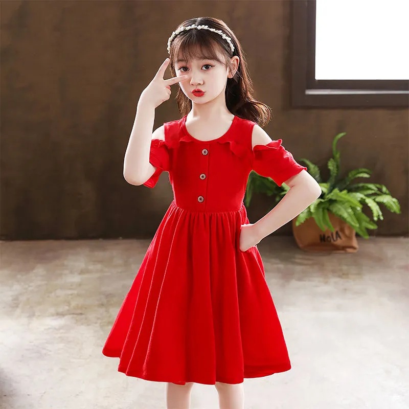 Stylish Casual Off Shoulder Design Red Summer One Piece Dress For Girls