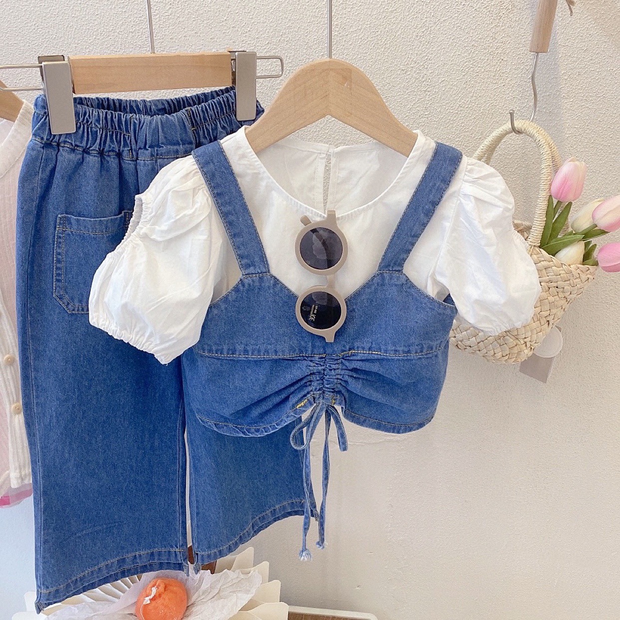 Summer Three Piece Soft Jeans Wide Leg Pants, T-Shirt And Jeans Suspenders Set For Girls