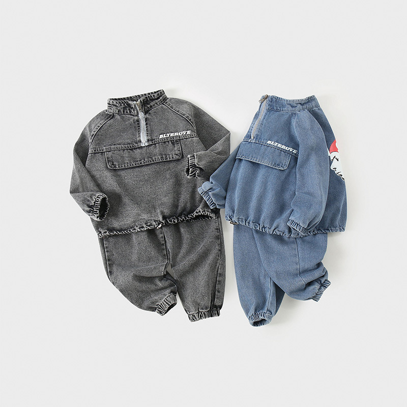 Track Style Full Sleeve Jeans Hoodie And Pants Set For Boys