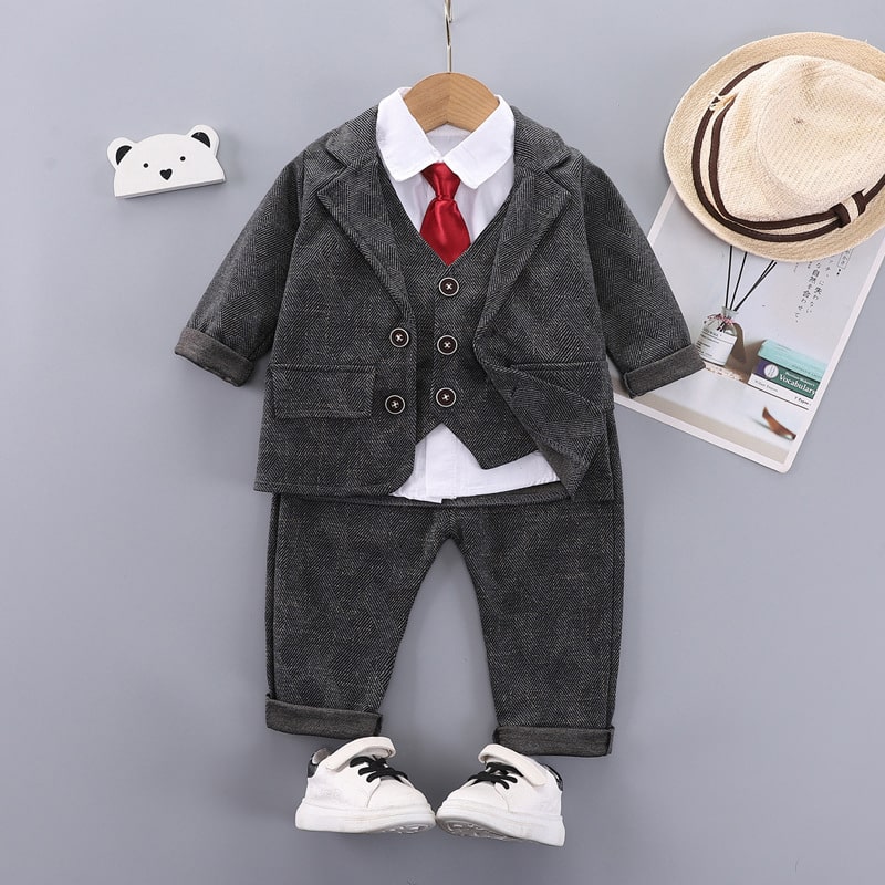 Baby Boy Coat, Waist Coat, Shirt, Pants And Tie Full Five Piece Suit Set