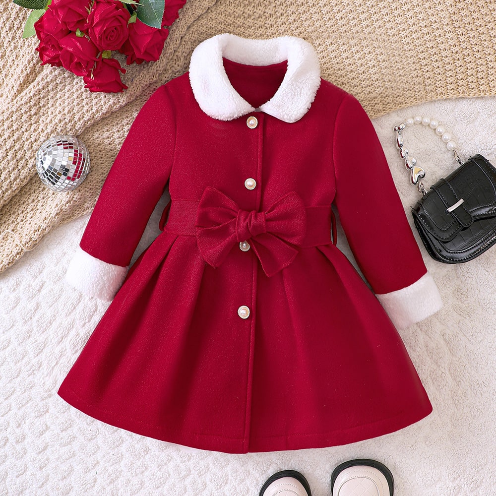 Christmas Themed Red Dress With White Plush Collar And Bow Belt For Girls