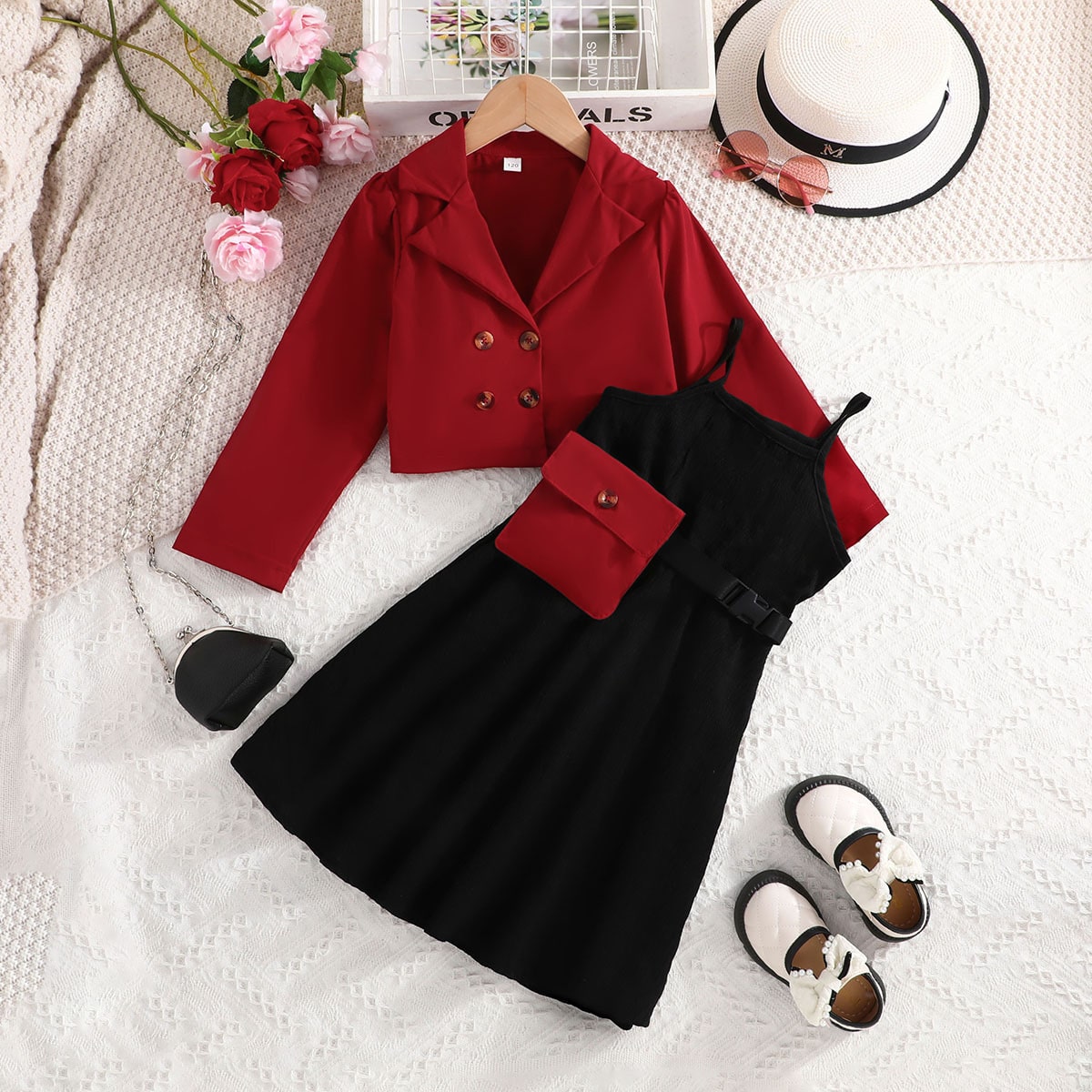 Coat Style Short Jacket, Stylish Skirt And Bag Three Piece Set For Girls