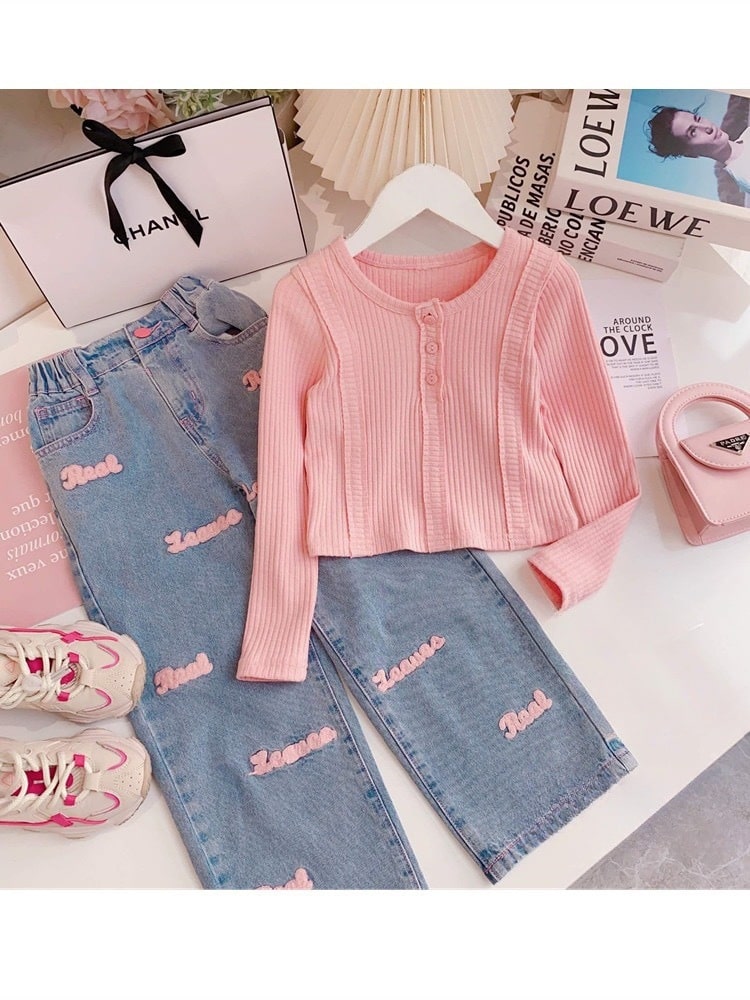 Full Sleeve Pink T-Shirt And Matching Jeans Pants Set For Girls