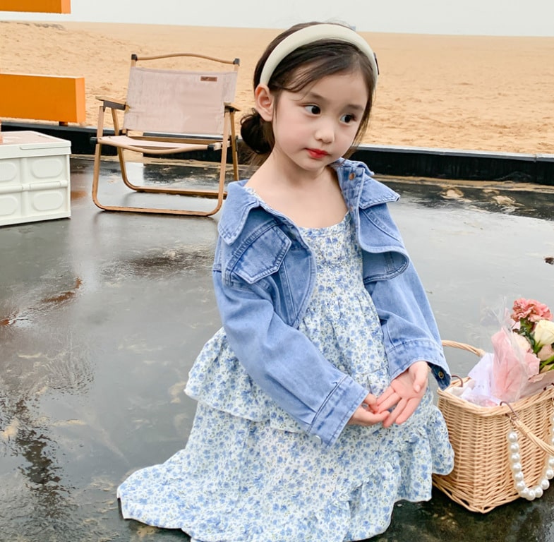 Korean Style Denim Short Jacket And Floral Sling Dress For Girls