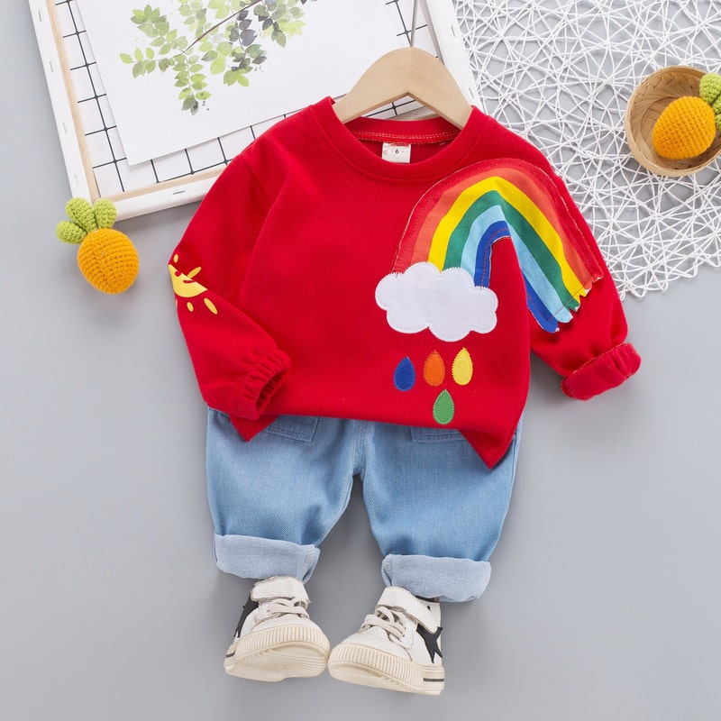 Rainbow Cloud Printed Full Sleeve T-shirt And Soft Jeans Pants For Baby Boy