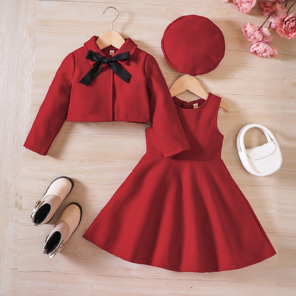 Winter Woolen Bow Design Coat, Skirt And Cap Set For Girls