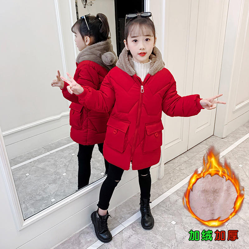 Girls Hooded Thick Mid Length Down Jacket For Winter