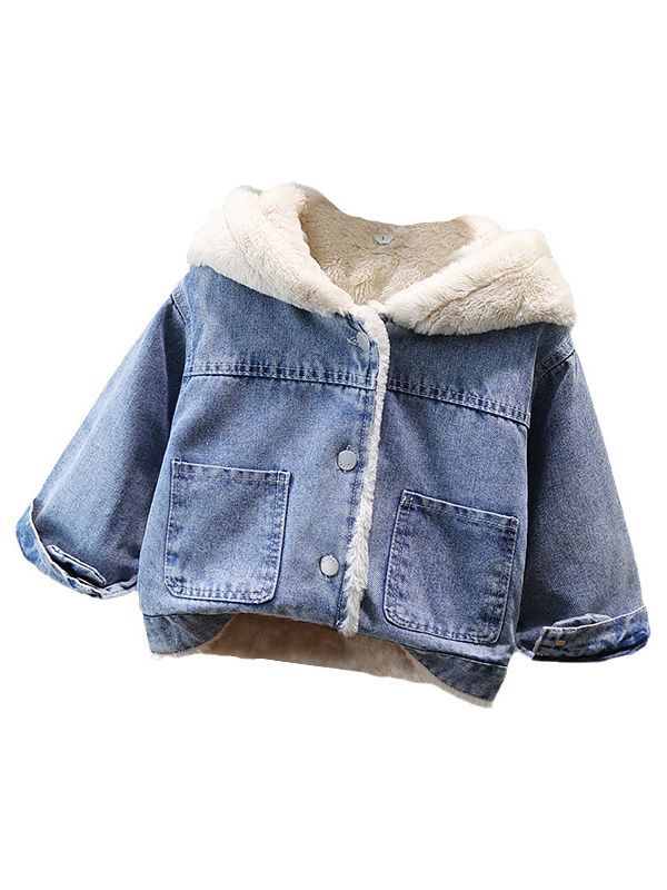 Girls Winter Hooded Jeans Jacket With Fur And Stylish Bow Design