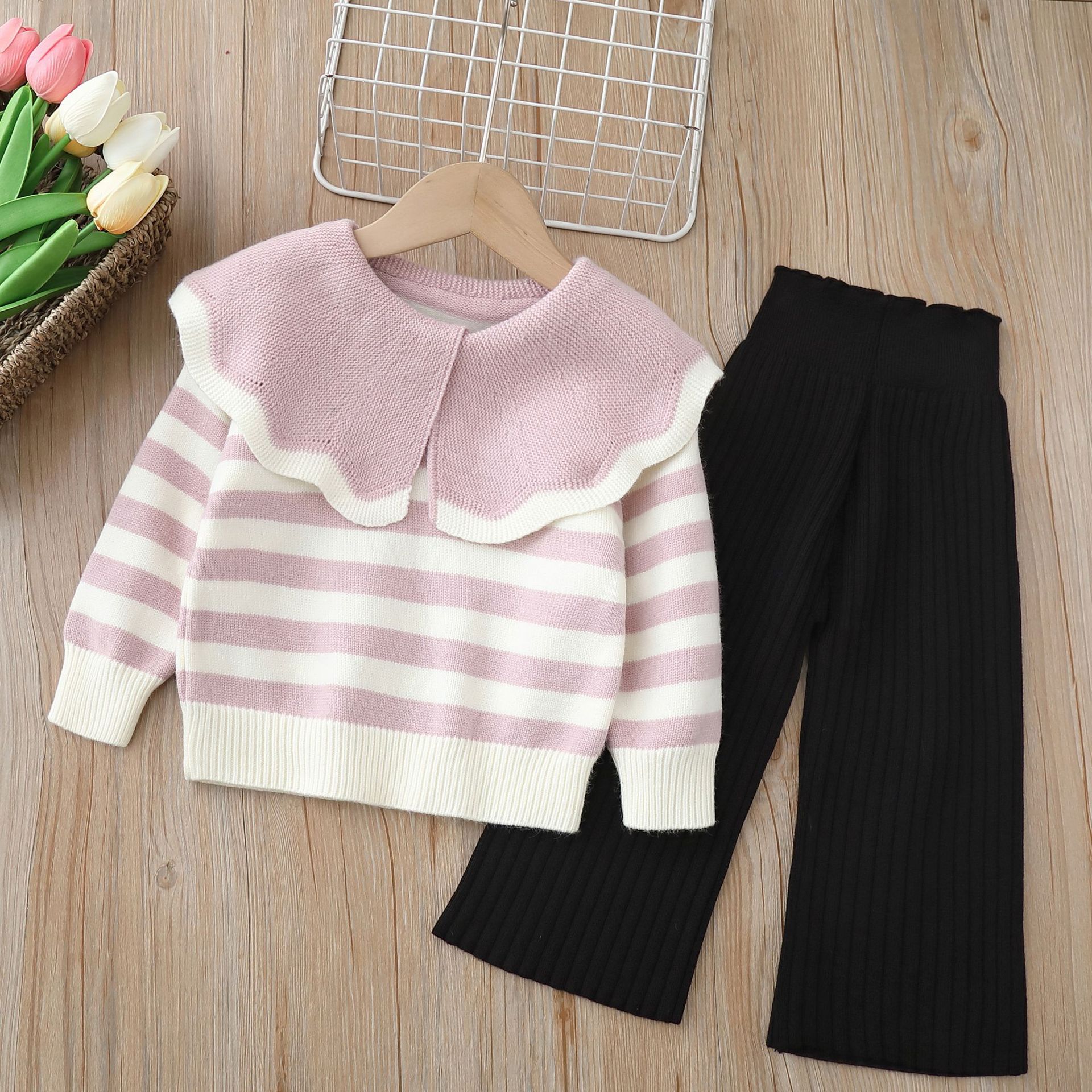 Large Collar Woolen Striped Sweater And Pants Set