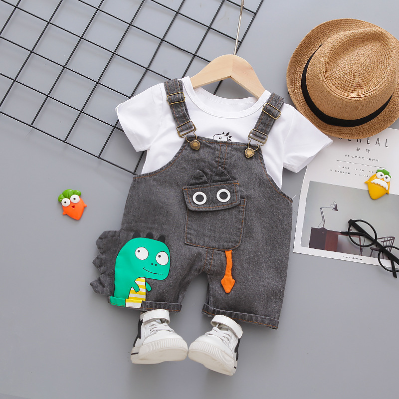 Cartoon Pocket Dinosaur T-Shirt And Rocky Short Pants Set For Boys