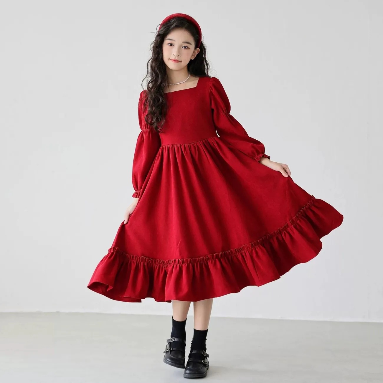 Full Sleeve Square Collar Long Stylish Red Dress For Girls