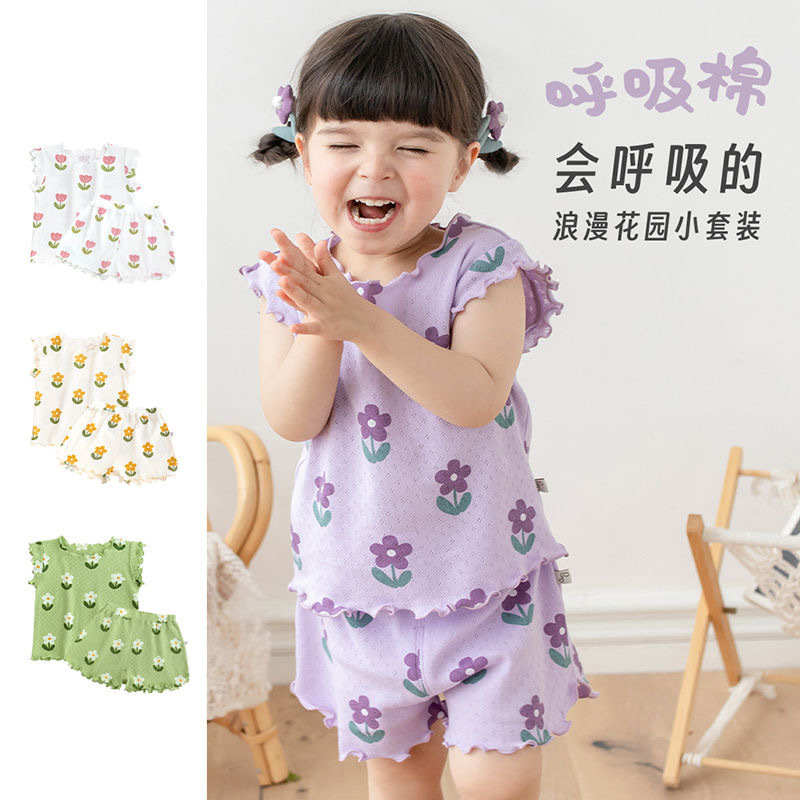 Light And Comfortable Flower Printed T-Shirt And Shorts Pajama/House Clothes Summer Set For Girls